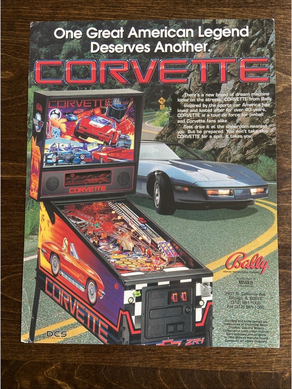 Bally Corvette Pinball FLYER Original Ad Promo 1994 Poster Not PCB